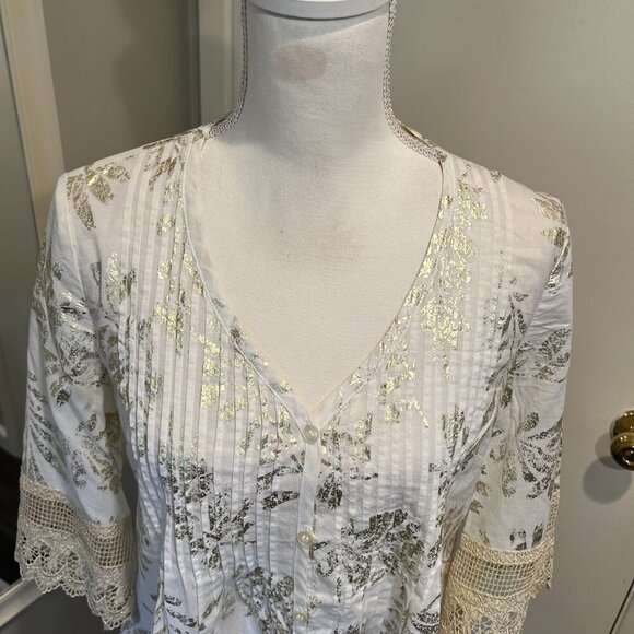 Alfani White and Gold Pintuck Metallic Lace Cotton Tunic Top, Size 2 - Picture 2 of 16